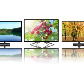 Television monitors isolated on white background. TV monitors showing images of nature. 4k monitor isolated on white. Flat high definition TV with images. Full HD TV. LCD Television. Modern TV set